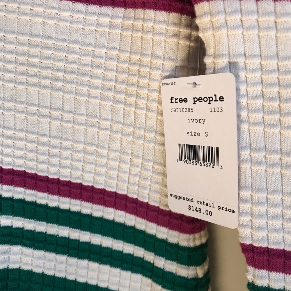 Free People Cream Waffle Knit Mini Dress with Green and Purple Stripes - Picture 4 of 5